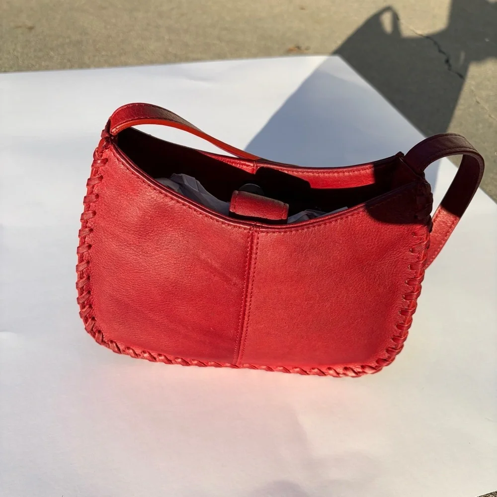 Y2K Genuine Leather Oxblood Shoulder Bag Embossed Floral - Picture 2 of 10